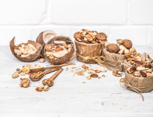different nuts in plates