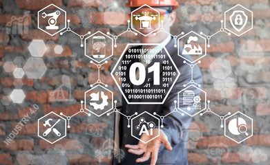 Binary Industry 4.0 Concept Integration. Worker offers icon 0 1 numbers on virtual industrial...