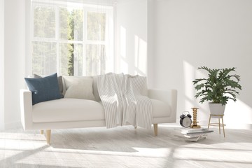 White modern room with sofa. Scandinavian interior design. 3D illustration
