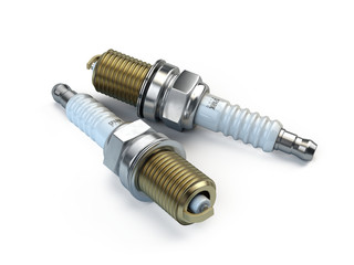 Pair of New Spark plugs isolated on white background. 3d render