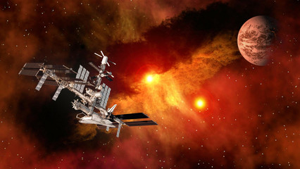 Fototapeta na wymiar Space shuttle ship satellite spaceship spacecraft planet Mars international station. Elements of this image furnished by NASA.