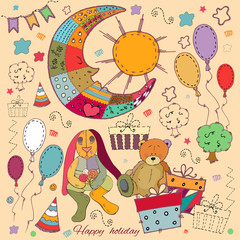 Greeting card, Happy holiday, Lovely teddy bear and bunny, embroidery on fabric, t-shirt print, fashion design, vector illustration.