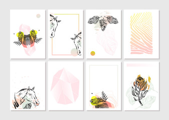 Hand made vector abstract graphic Save the Date tribal tropical exotic unusual cards set collection in pastel colors isolated on white background.Unique cards design for Business,holidays,decoration