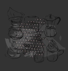 Hand drawn vector graphic realistic set with coffee design elements coffee maker,teapot,mug with whipped cream glass bottle with milk, geyser coffee and cupcakes isolated on black background