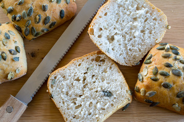 Buns with pumpkin seeds closeup.