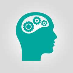 Thinking icon.  Silhouette of gear in head. Flat design style.