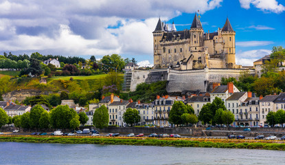 Naklejka premium Great medieval castles of Loire valley - beautiful Saumur. France