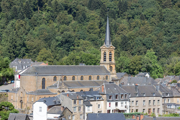 Aerial view at medieval city Bouillon with old church in Belgium