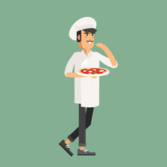 Cook in the kitchen preparing a pizza.