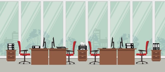 Office room. There are brown tables, red chairs, cabinets for documents, a printer on a window background in the picture. Vector flat illustration.
