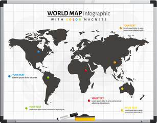 World map infrographic with color magnets. Vector.