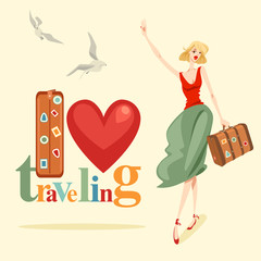 An elegant girl is hitchhiking. Set of illustrations in retro style.
