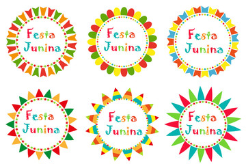 Festa Junina set frame with space for text. Brazilian Latin American festival blank template for your design, isolated on white background. Vector illustration