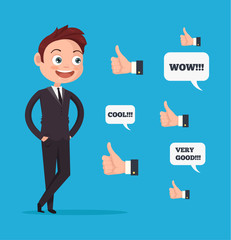 Happy smiling businessman office worker character with many hands with thumbs up. Like sign. Good comments. Vector flat cartoon illustration