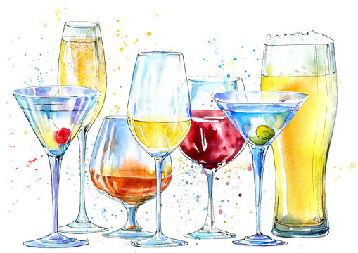 Glass of a champagne,martini, wine, beer, cognac. Picture of a alcoholic drink.Beverage border.Watercolor hand drawn illustration.