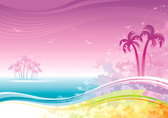 Fototapeta na wymiar Beach sea poster landscape, hawaiian luau party. Watercolor hibiscus flower vector illustration. Aloha Hawaii design, summer holidays vacation banner. Vacation tropical island, palm tree travel icon