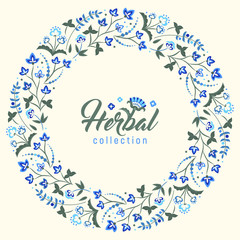 Floral round vintage frame, Jacobean embroidery style flowers. Colorful herbal wreath. Vector illustration. Herbal collection, blue meadow flowers.