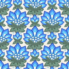 Floral seamless pattern, Jacobean style flowers. Colorful herbal background. Vector illustration. Jacobean floral, herbal collection, blue flowers.
