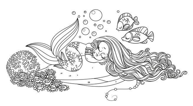 Cute little mermaid sleeps on a rock with corals outlined isolat