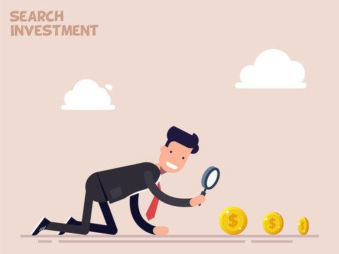Businessman or manager crawls on all fours in search of money and investment in business. Vector illustration in a flat cartoon style.