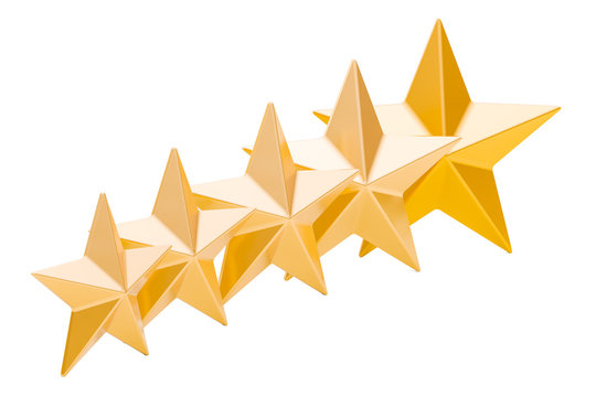 5 golden stars rating concept, 3D rendering
