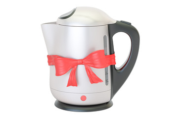 Electric kettle with red ribbon and bow, gift concept. 3D rendering