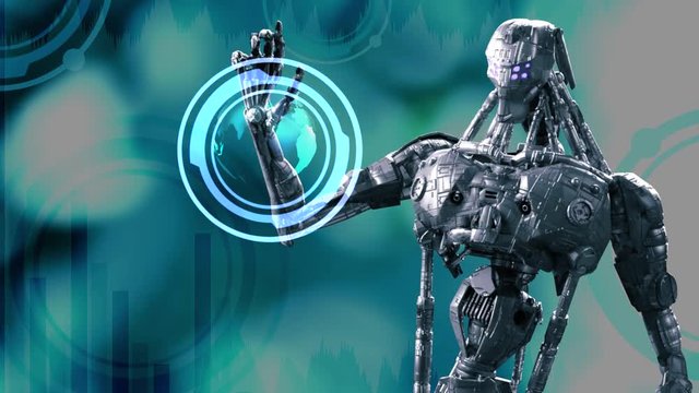 robot Android cyborg working gestures with the virtual interface 3D animation render