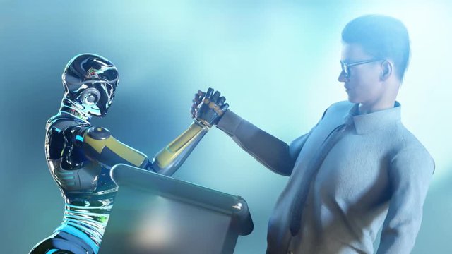 a man fights with a robot Android cyborg on the arm wrestling render 3D