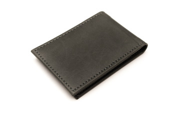 Business card holder isolated on white background. Gray leather wallet.
