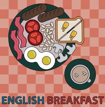 Colored line illustration. English Breakfast. Eggs, mushrooms, tomatoes, sausages, bacons, slices of bread on plate and jne cap of english tea.