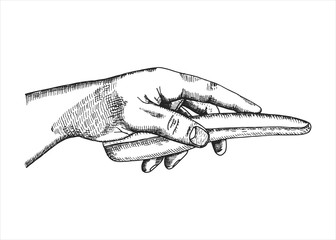Hand holds a TV remote control vector hand drawing