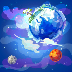 Fototapeta na wymiar Cartoon Earth Planet In Space Template