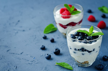 Raspberry and blueberry greek yogurt parfait