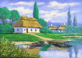 Fototapeta na wymiar Landscape,oil painting, digital art - Ukraine house, boat and river