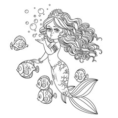 Beautiful mermaid girl sends an kiss outlined isolated on a whit
