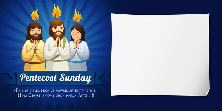 Pentecost sunday banner navy blue. Invitation template vector  in the service of Pentecost in the form of prayer people and text Pentecost Sunday 