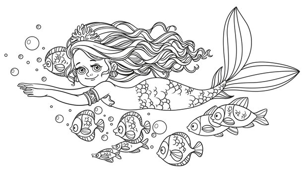 Beautiful little mermaid girl swim with fish outlined isolated o