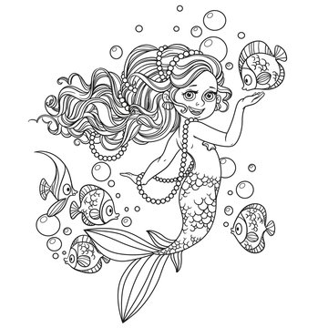 Beautiful little mermaid girl outlined isolated on a white backg