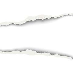 Snatched middle of white paper background with torn edges, soft shadow and space for text or ad. Template paper design.