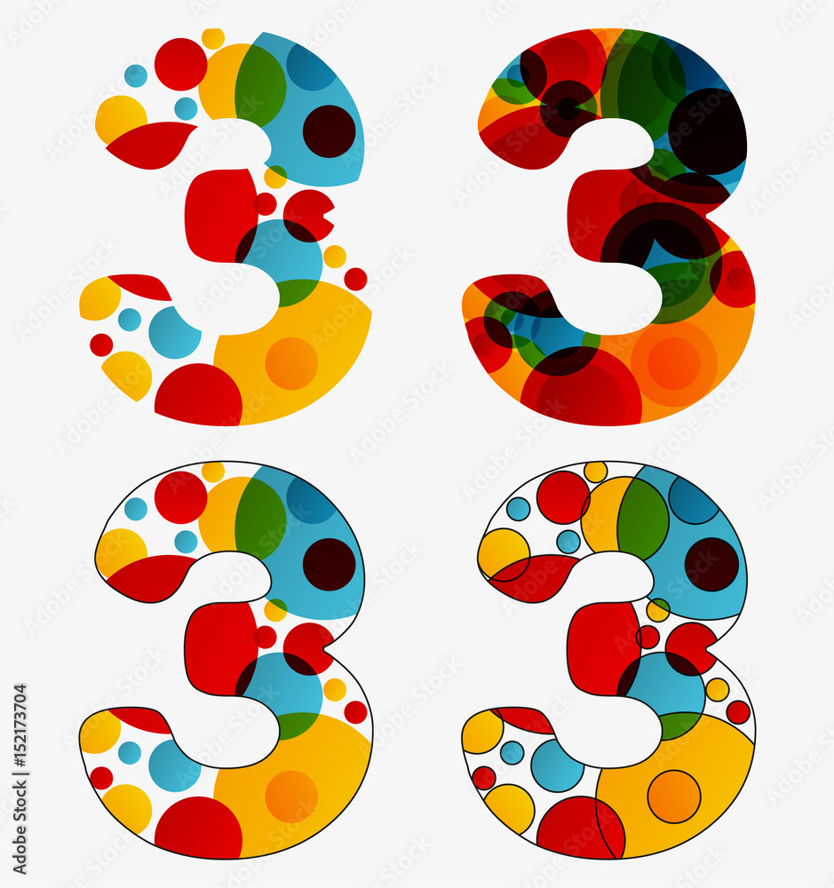 Fototapete Set of 4 isolated abstract lava lamp styled number three - 3, first simple, second multiplied, third with outlined number three, fourth with outlined every circle and the whole three