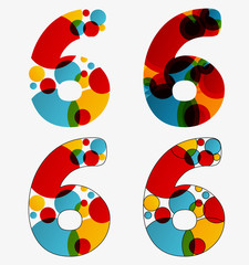 Set of 4 isolated abstract lava lamp styled number six - 6, first simple, second multiplied, third with outlined number six, fourth with outlined every circle and the whole six