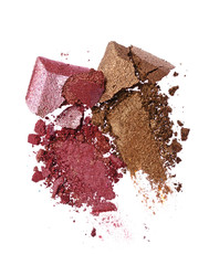Smears of two crushed brown and purple shiny eyeshadow as sample of cosmetic product