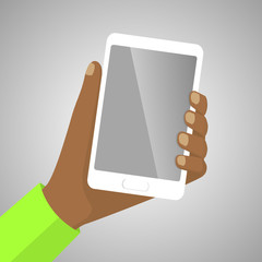Hand holding white smart phone. Vector illustration.