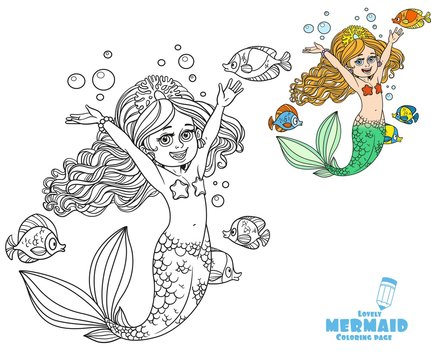 Cute happy little mermaid girl coloring page on a white background