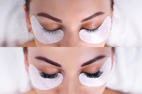Eyelash Extension Procedure. Female eyes before and after.