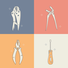Group of different types of home tools. Modern vector outline style icon set