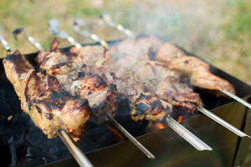 Barbecue on the grill. Meat is fried on charcoal.