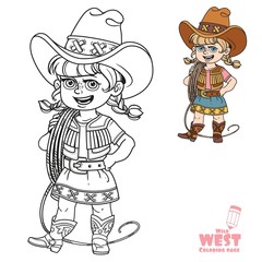 Cute girl in a cowboy suit is holding a lasso on her shoulder coloring page on a white background