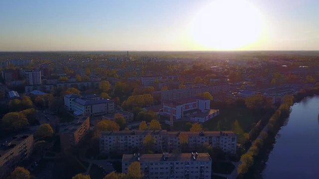 Beautiful aerial view of Jelgava, Latvia during sunset. View over the Lielupe river.