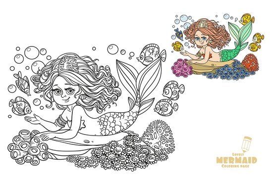 Beautiful mermaid girl lies on a rock coloring page on a white background